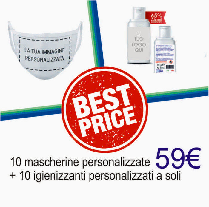 10 Mascherine + 10 Igienizzanti personalizzato con logo - Pubblienne