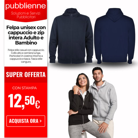 Felpa unisex con cappuccio e zip intera Adulto e Bambino personalizzato con logo - Pubblienne